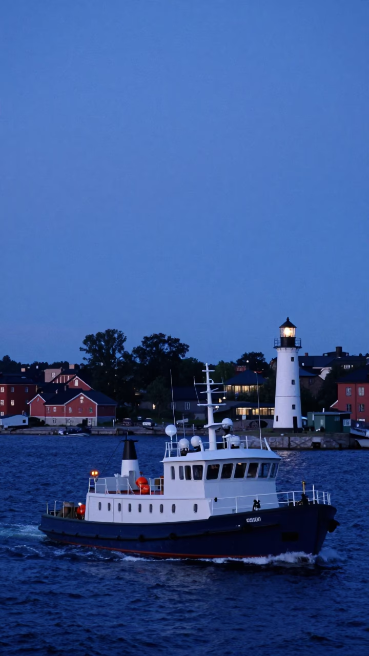 Stockholm evening harbor scene with pilot boat and lighthouse in in Stockholm, Sweden