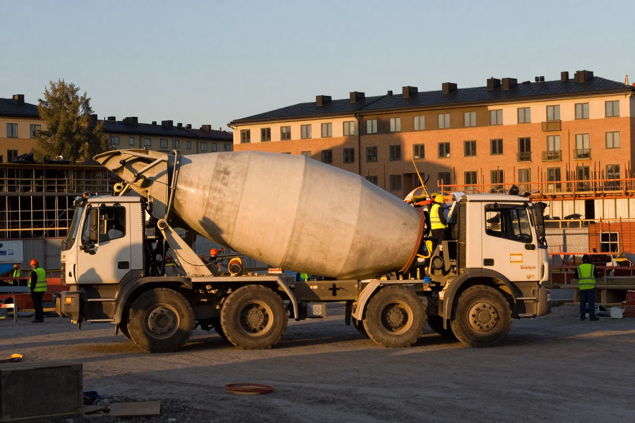 Stockholm Evening Light and Construction Site with Cement Mixer in in Stockholm, Sweden