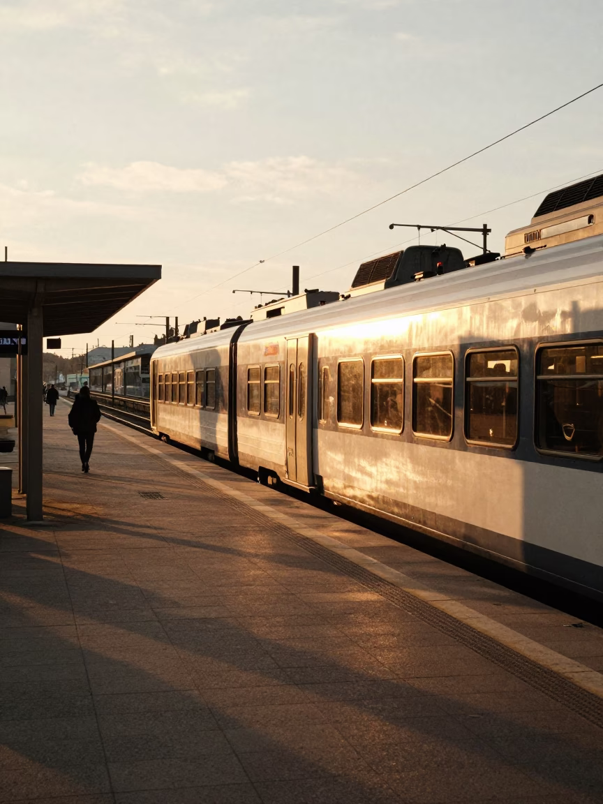 Stockholm Evening Light on Classic Commuter Train Platform with Travelers in in Stockholm, Sweden