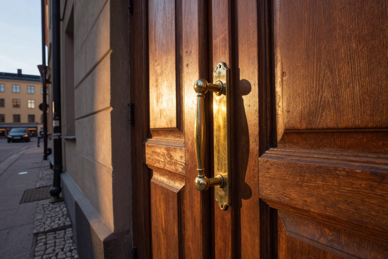 Stockholm Evening Street Scene with Brass Door Handle and Flowering Plant in in Stockholm, Sweden