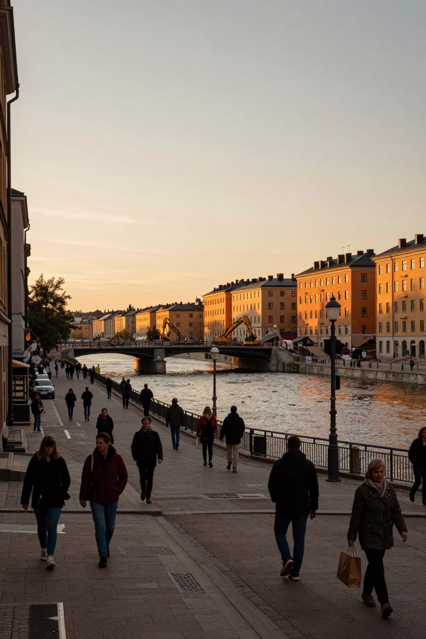 Stockholm Evening Street Scene with Bridge Pier and Demolition Site in Honeyed Light in in Stockholm, Sweden