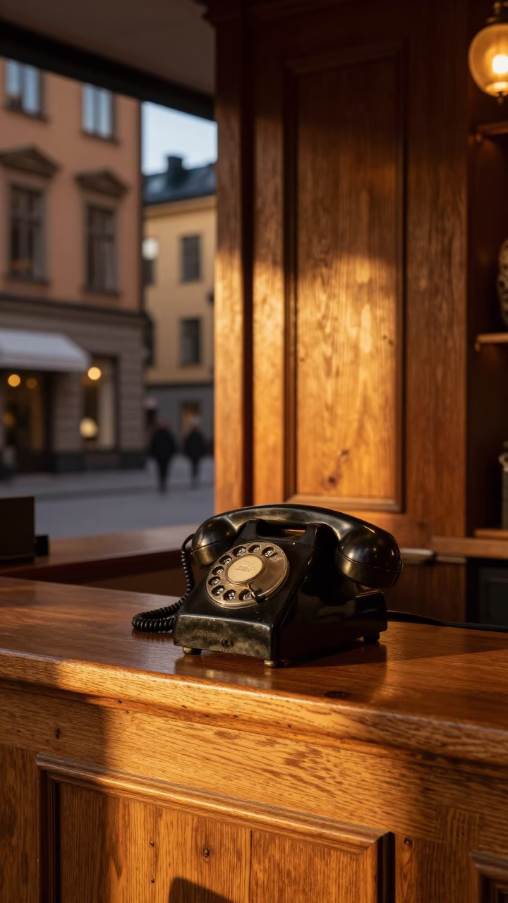 Stockholm evening street scene with vintage Bakelite telephone on hotel reception desk in in Stockholm, Sweden