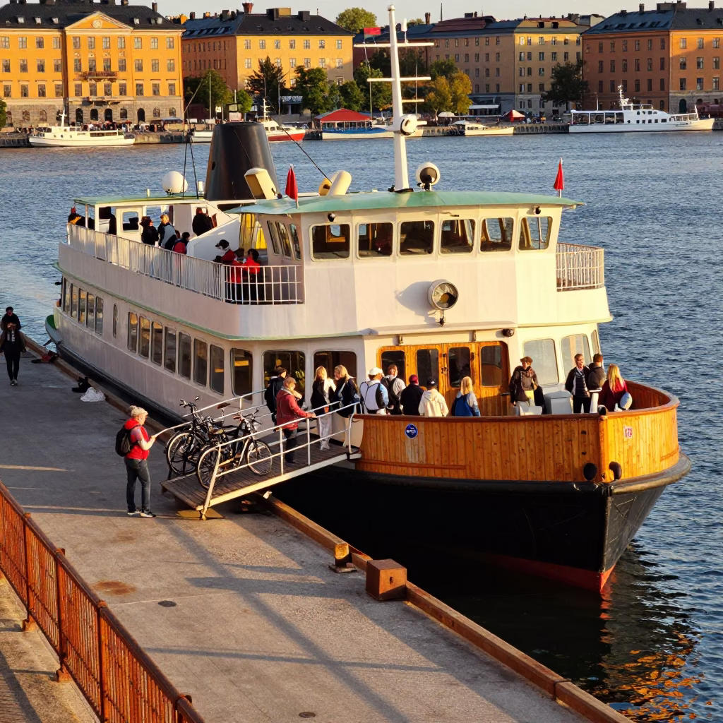 Stockholm ferry at dock loading passengers and bicycles in honeyed evening light in in Stockholm, Sweden