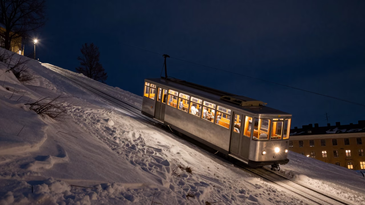 Stockholm Funicular Climbing Steep Hill Under Deep Night Sky in in Stockholm, Sweden