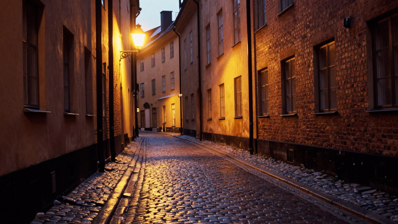 Stockholm Gamla Stan Cobblestone Alley Lantern Light Early Dawn Realistic in in Stockholm, Sweden