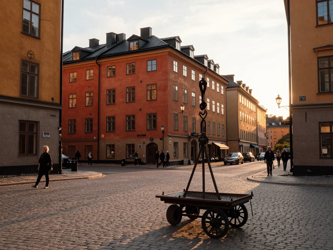 Stockholm Golden Hour Street Scene with Iron Hook and Rolling Carts in in Stockholm, Sweden
