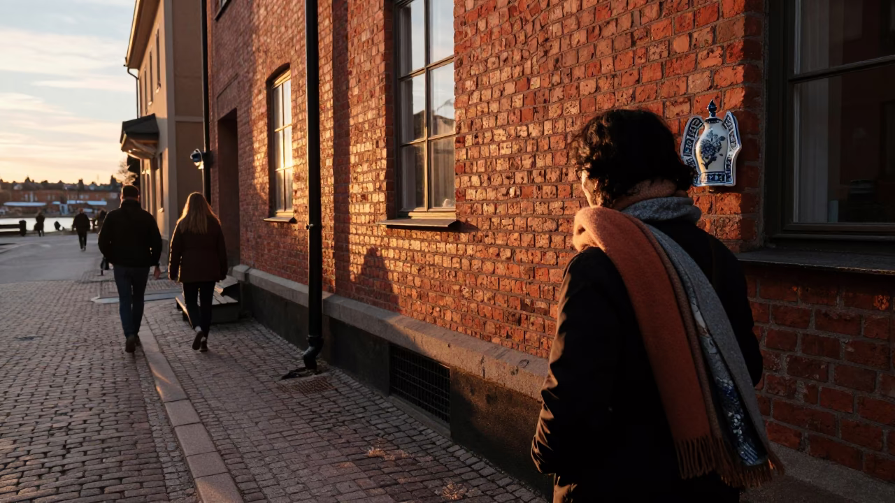Stockholm Golden Hour Street Scene with Scarf and Porcelain Detail in in Stockholm, Sweden