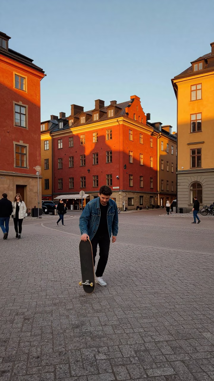 Stockholm Golden Hour Street Scene with Skateboard and Urban Life in in Stockholm, Sweden