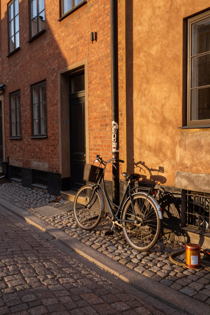 Stockholm Golden Hour Street Scene with Vintage Bicycle and Coffee Tin in in Stockholm, Sweden