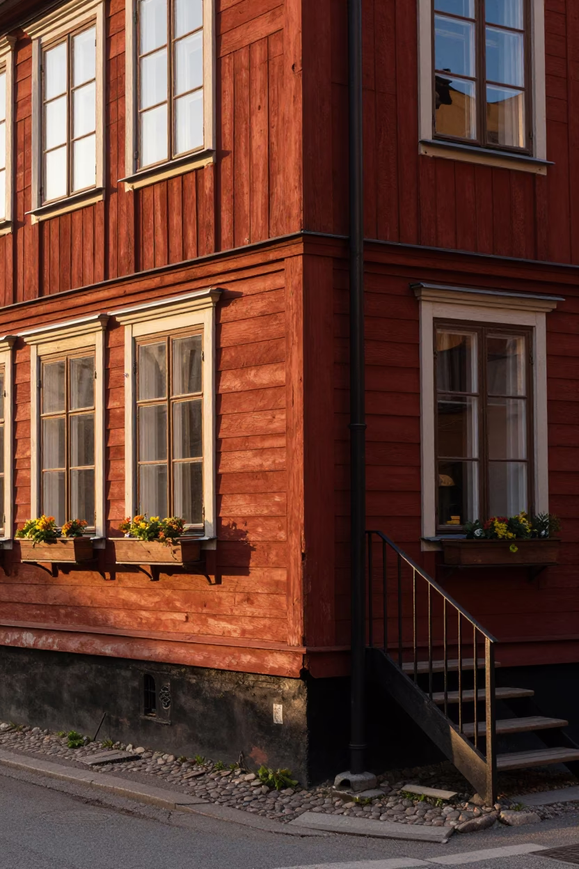Stockholm Golden Hour Street Scene with Window Box and Stair Rail in in Stockholm, Sweden