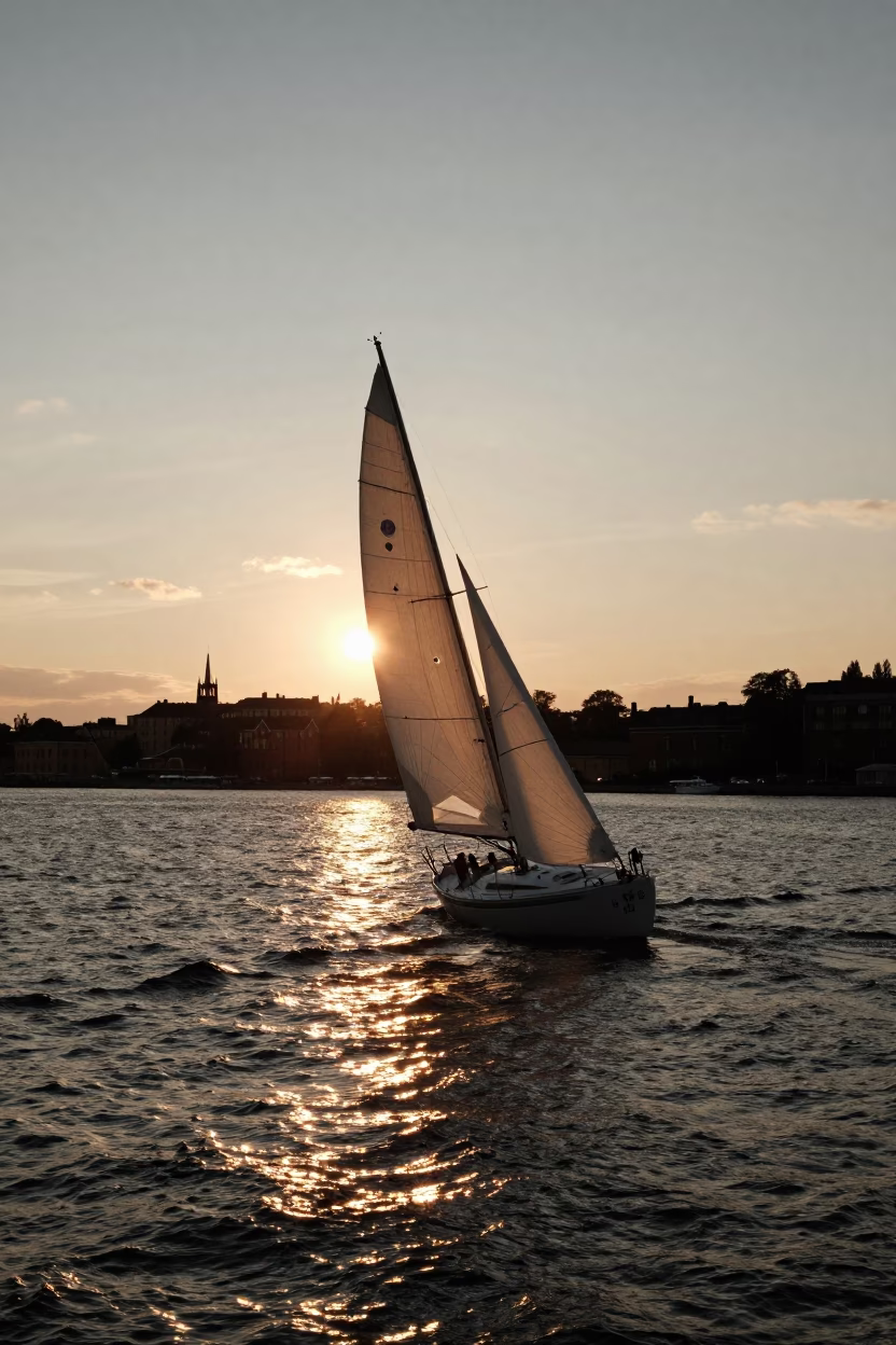 Stockholm Harbor Golden Hour Sailboat Tacking in Evening Light in in Stockholm, Sweden