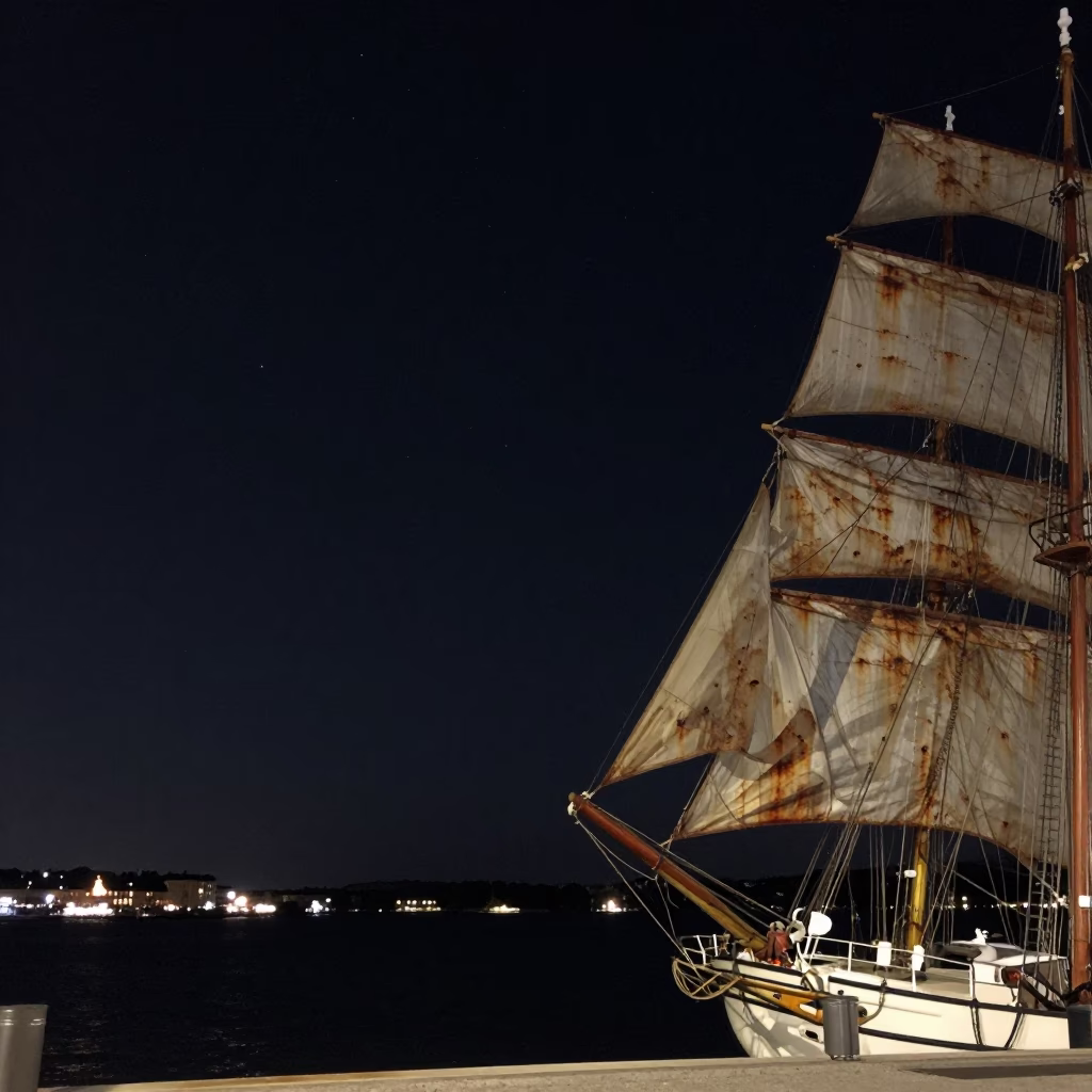Stockholm Harbor Night Sky and Rusty Sails at Deep Night in in Stockholm, Sweden