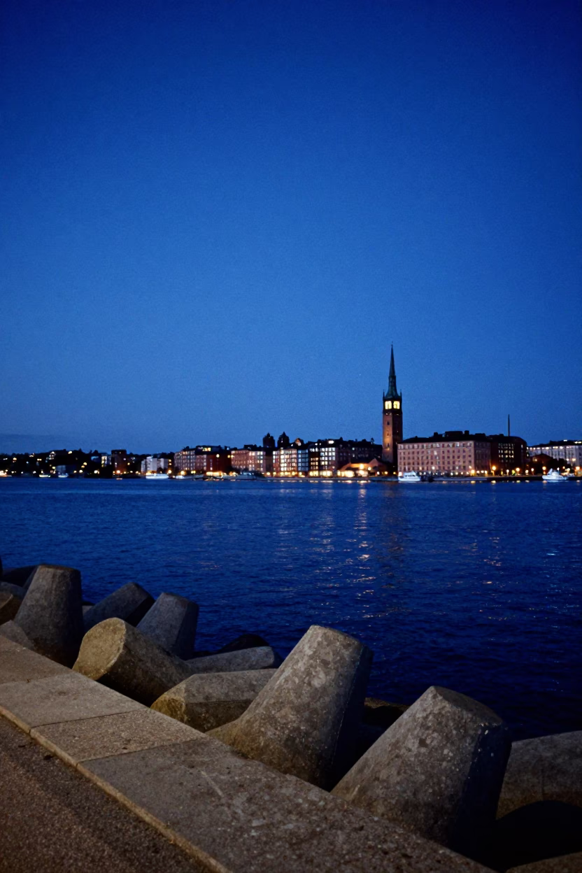 Stockholm Harbor Twilight Blue Hour Sky Over Breakwater with City Lights in in Stockholm, Sweden