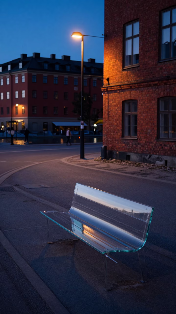 Stockholm indigo twilight street scene with clear glass bench and tomatoes in in Stockholm, Sweden