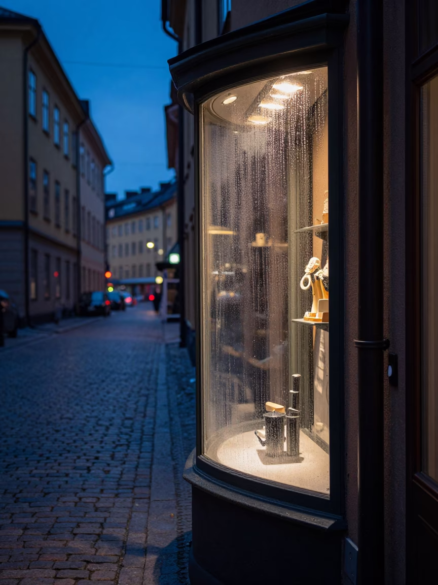 Stockholm indigo twilight street scene with condensation on glass shelf in in Stockholm, Sweden
