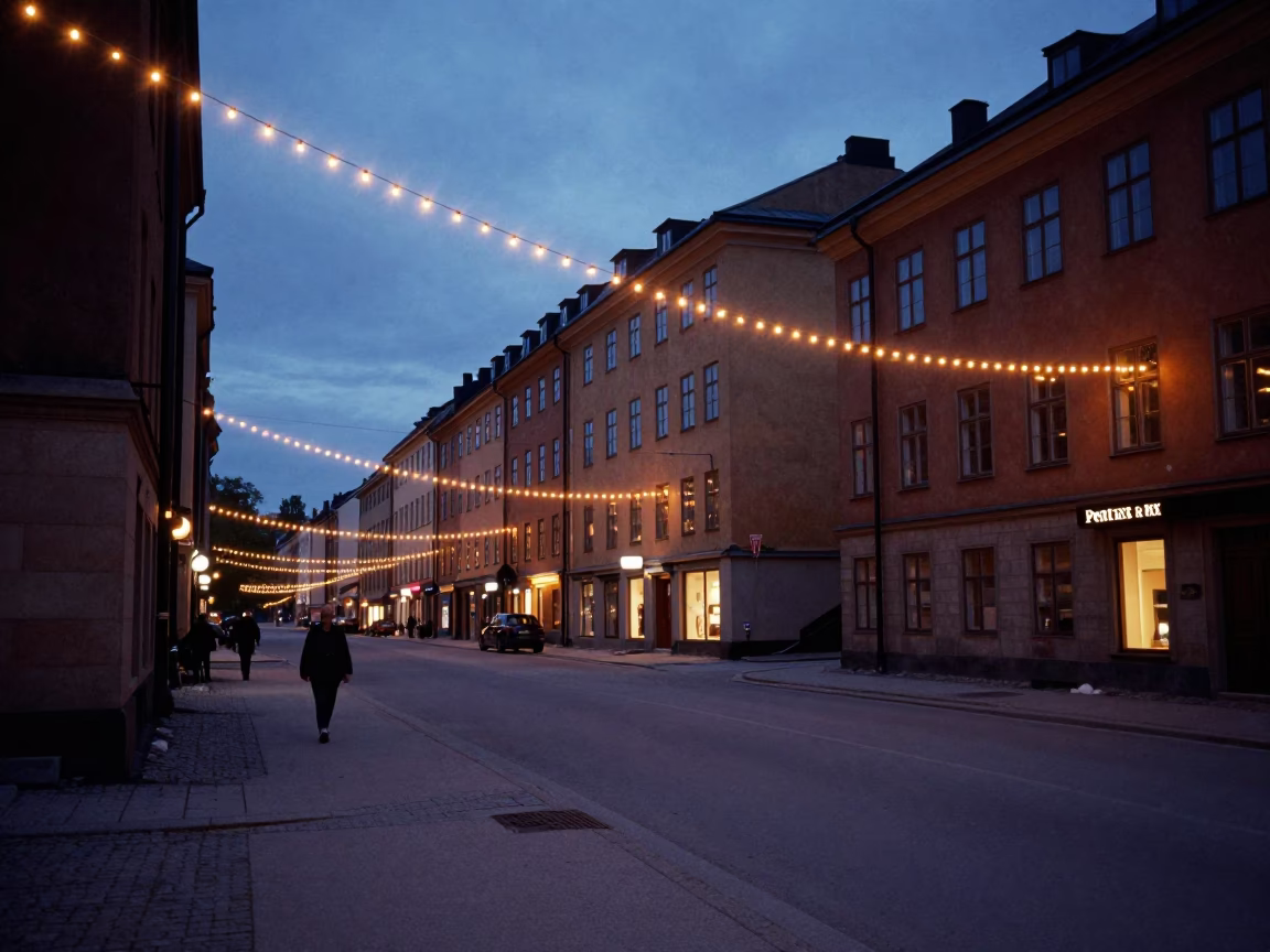 Stockholm indigo twilight street scene with string lights and ferry in harbor in in Stockholm, Sweden