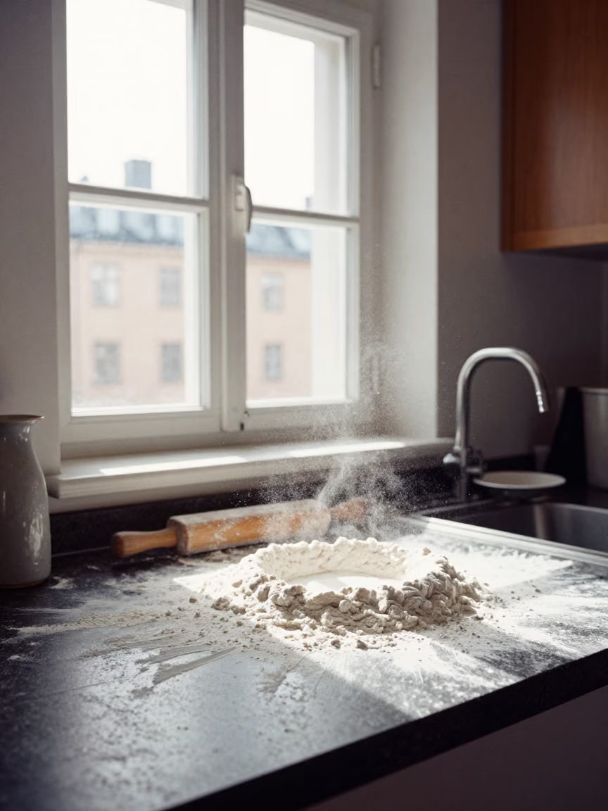 Stockholm Kitchen Counter Baking Scene with Flour Dust and Utensils in in Stockholm, Sweden