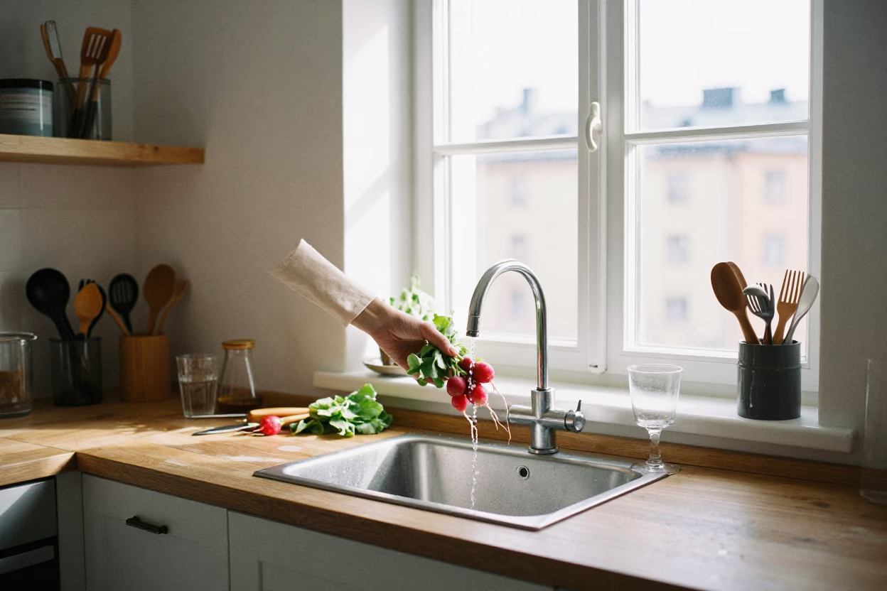 Stockholm Kitchen Morning Light on Wooden Utensils and Glass Jars in in Stockholm, Sweden