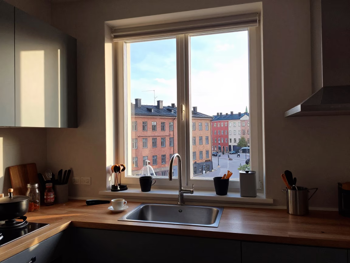 Stockholm Kitchen Window at As First Light Reaches The Scene in in Stockholm, Sweden