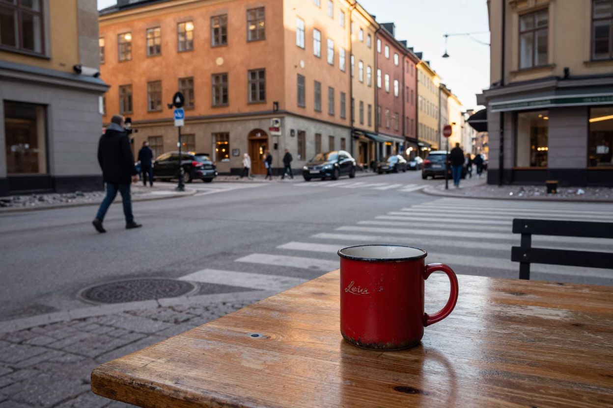 Stockholm Late Afternoon Street Scene with Vintage Mug and Cobblestones in in Stockholm, Sweden