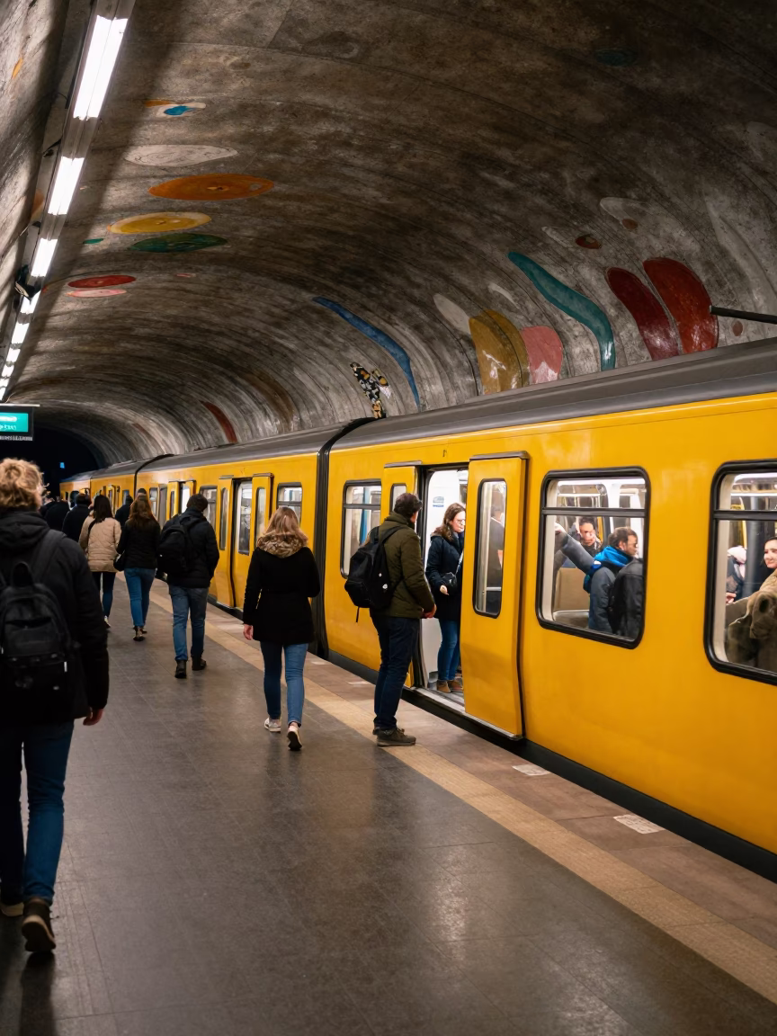 Stockholm Metro Art Station Evening Rush Hour Scene in in Stockholm, Sweden