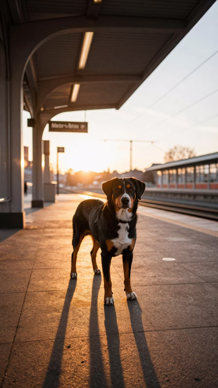 Stockholm Metro Art Station Golden Hour Entlebucher Mountain Dog Realistic Photograph in in Stockholm, Sweden