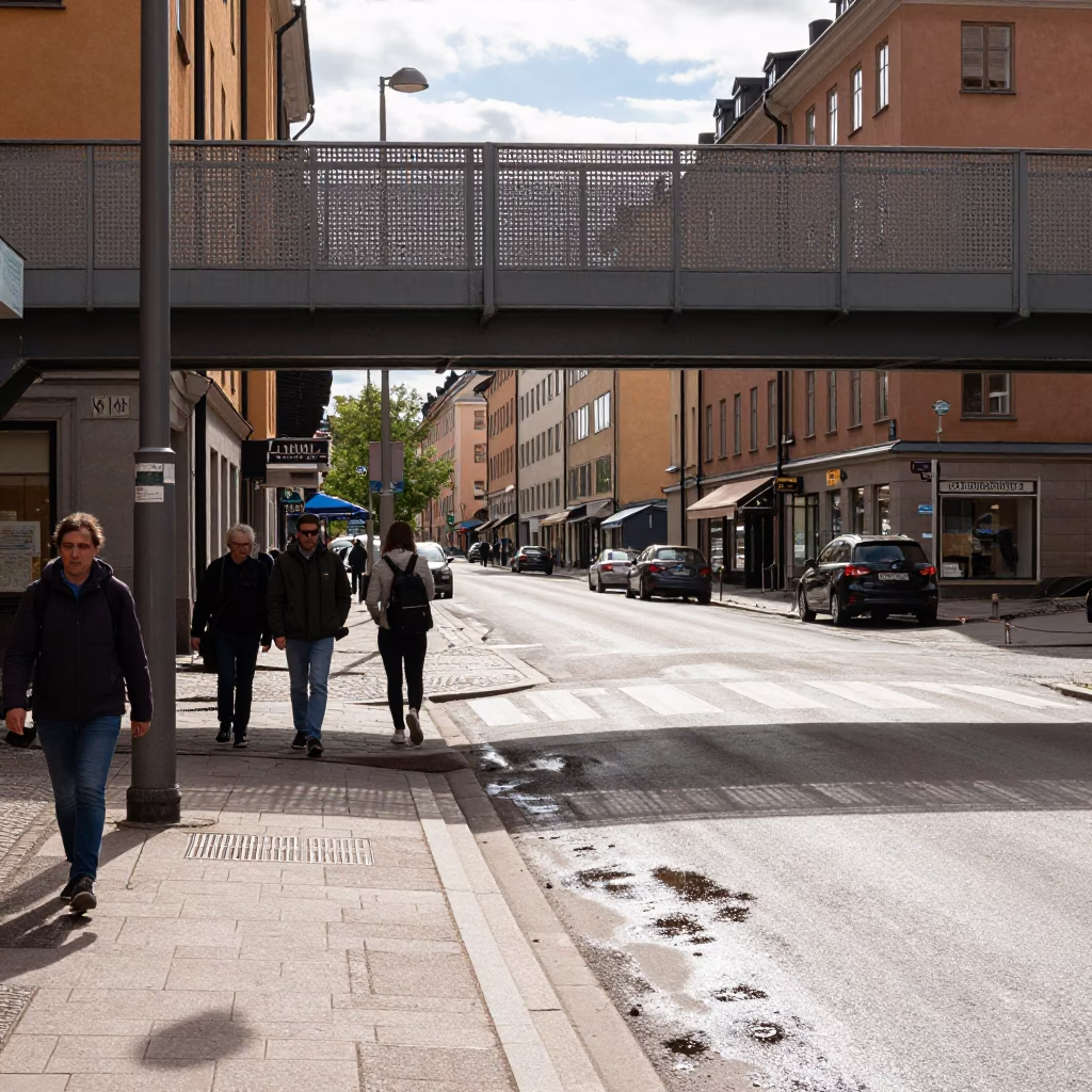 Stockholm Midday Street Scene with Pedestrian Overpass and Perforated Metal Details in in Stockholm, Sweden