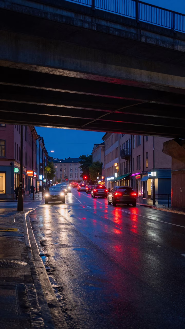 Stockholm Midnight Street Scene with Wet Asphalt and Neon Reflections from Overpass in in Stockholm, Sweden