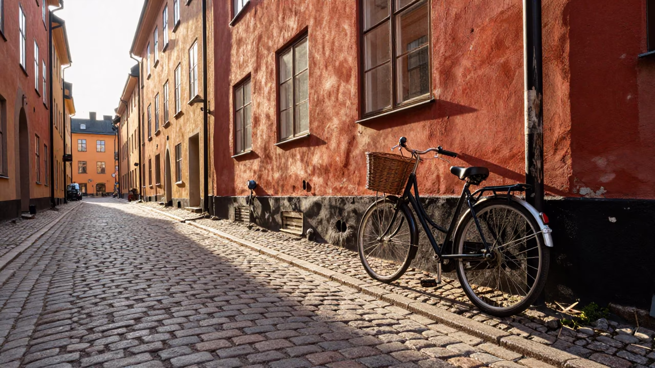 Stockholm Morning Light on Cobblestone Street with Vintage Bicycle and Market Stalls in in Stockholm, Sweden