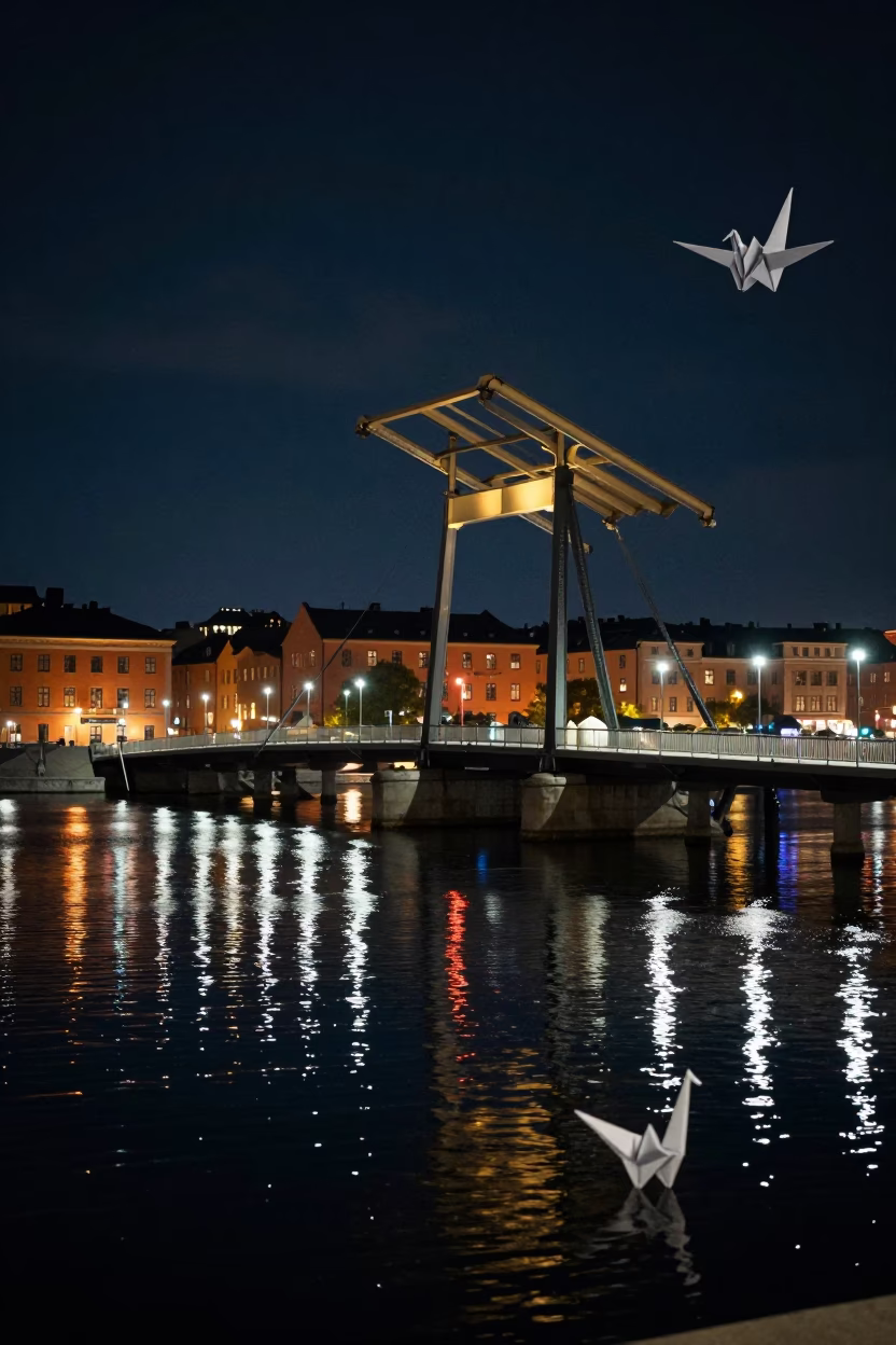 Stockholm Night Harbor Drawbridge Reflection with Origami Crane and Mossy Stone Wall in in Stockholm, Sweden