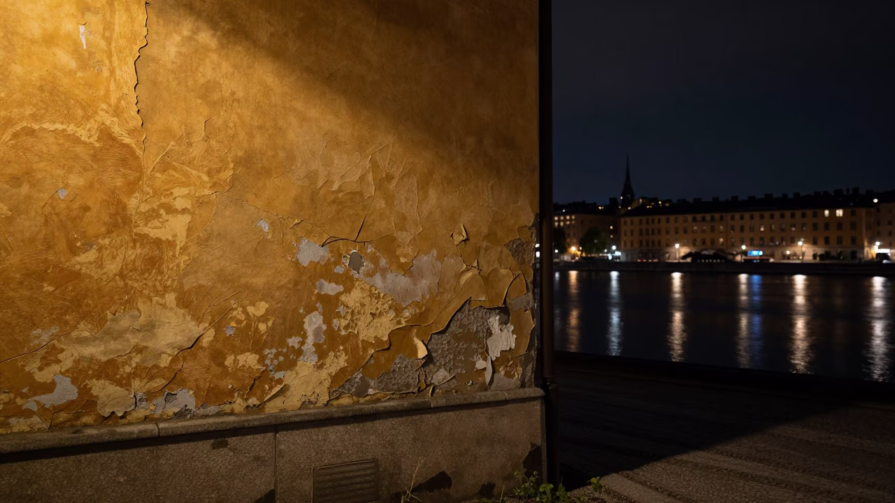Stockholm Night Scene with Cracked Stucco and Urban River Reflections in in Stockholm, Sweden
