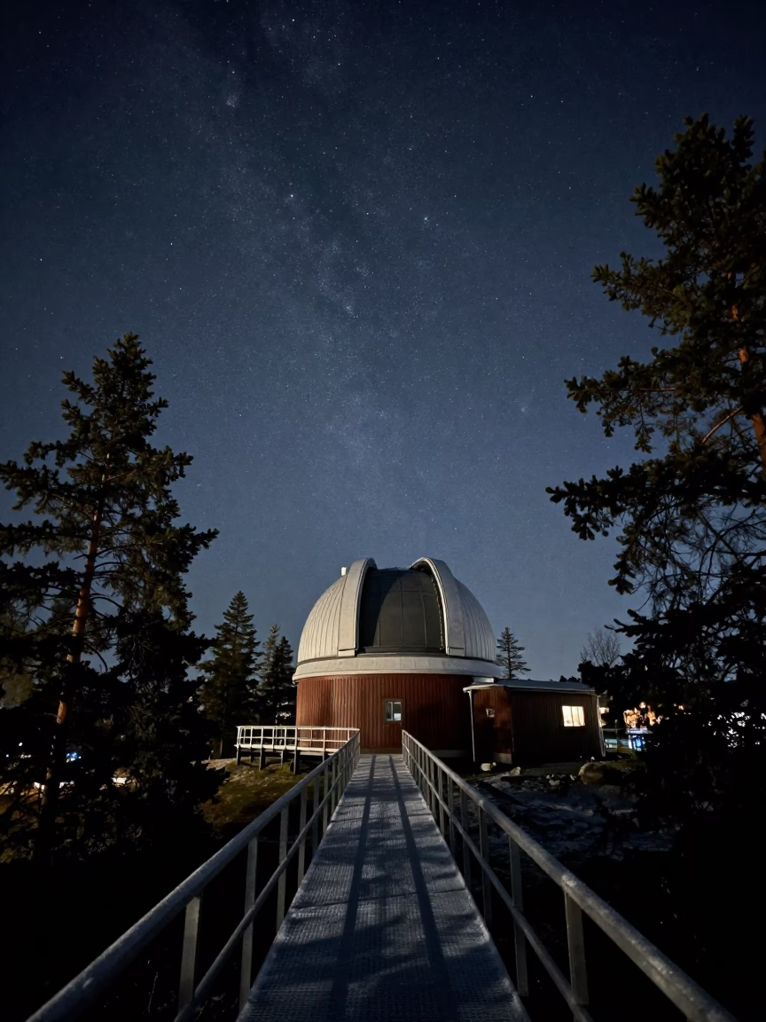 Stockholm Night Sky and Frosty Observatory Catwalk Above Pines in 1970s Sweden in in Stockholm, Sweden