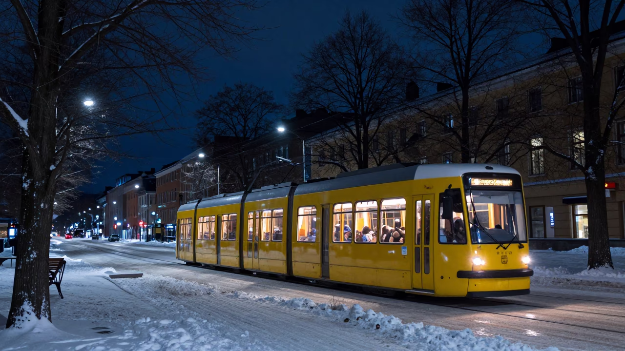 Stockholm Night Sky Tram on Tree-Lined Boulevard Deep Winter Darkness in in Stockholm, Sweden