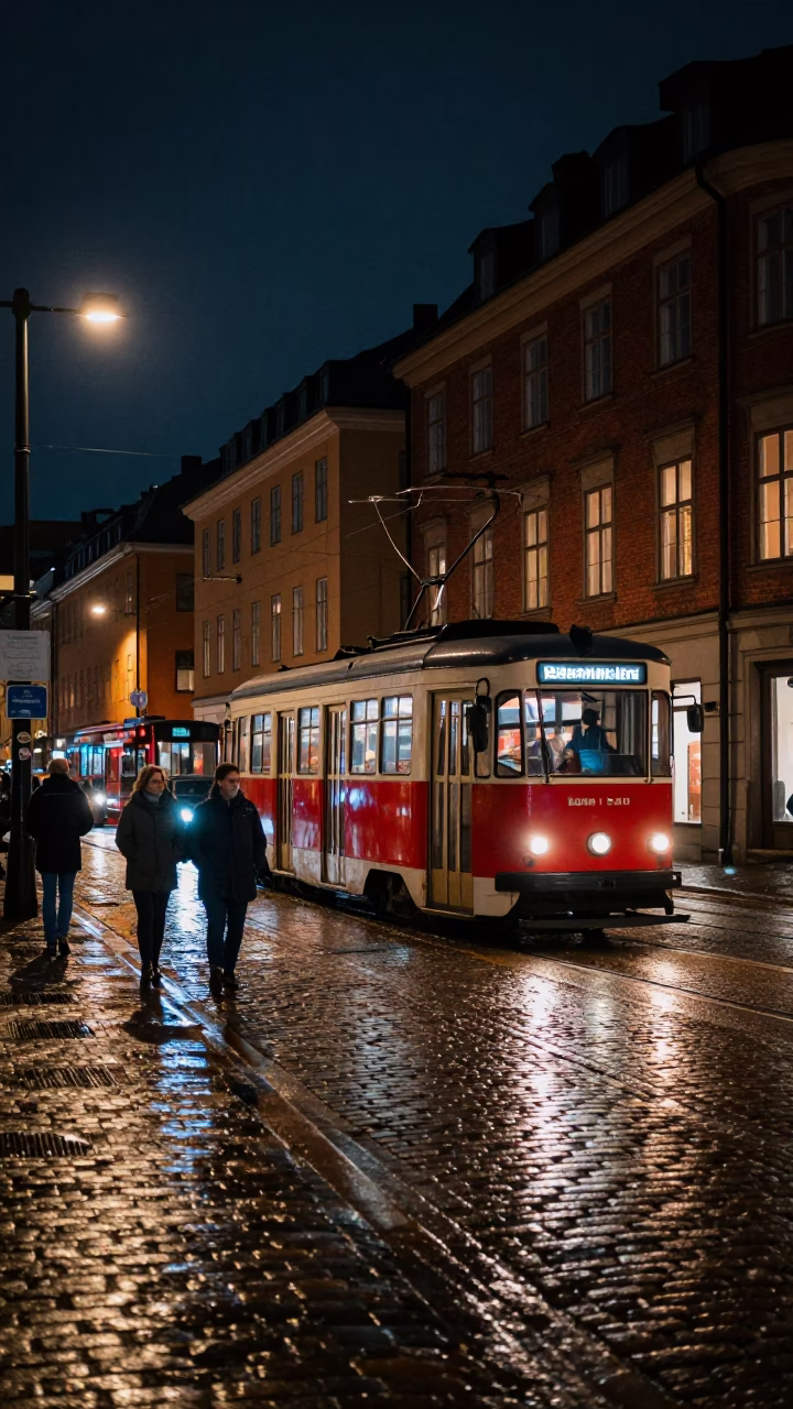 Stockholm Night Street Scene with Cobblestones and Vintage Tram Under Deep Sky in in Stockholm, Sweden