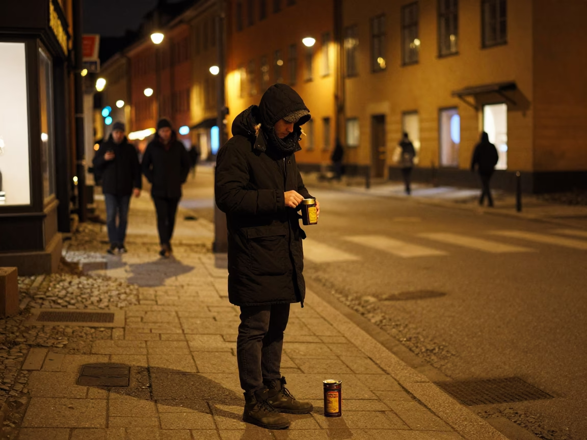 Stockholm Night Street Scene with Coffee Tin and Local Interaction in in Stockholm, Sweden