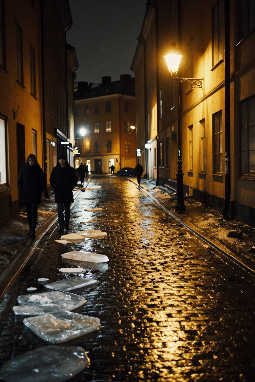 Stockholm Night Street Scene with Floating Ice and Wet Cobblestones in in Stockholm, Sweden