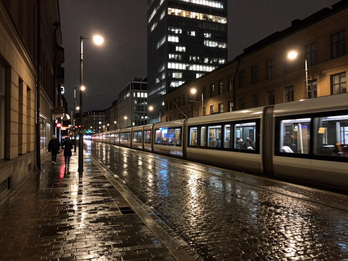 Stockholm Night Street Scene with Monorail Reflection and Scarf Detail in in Stockholm, Sweden
