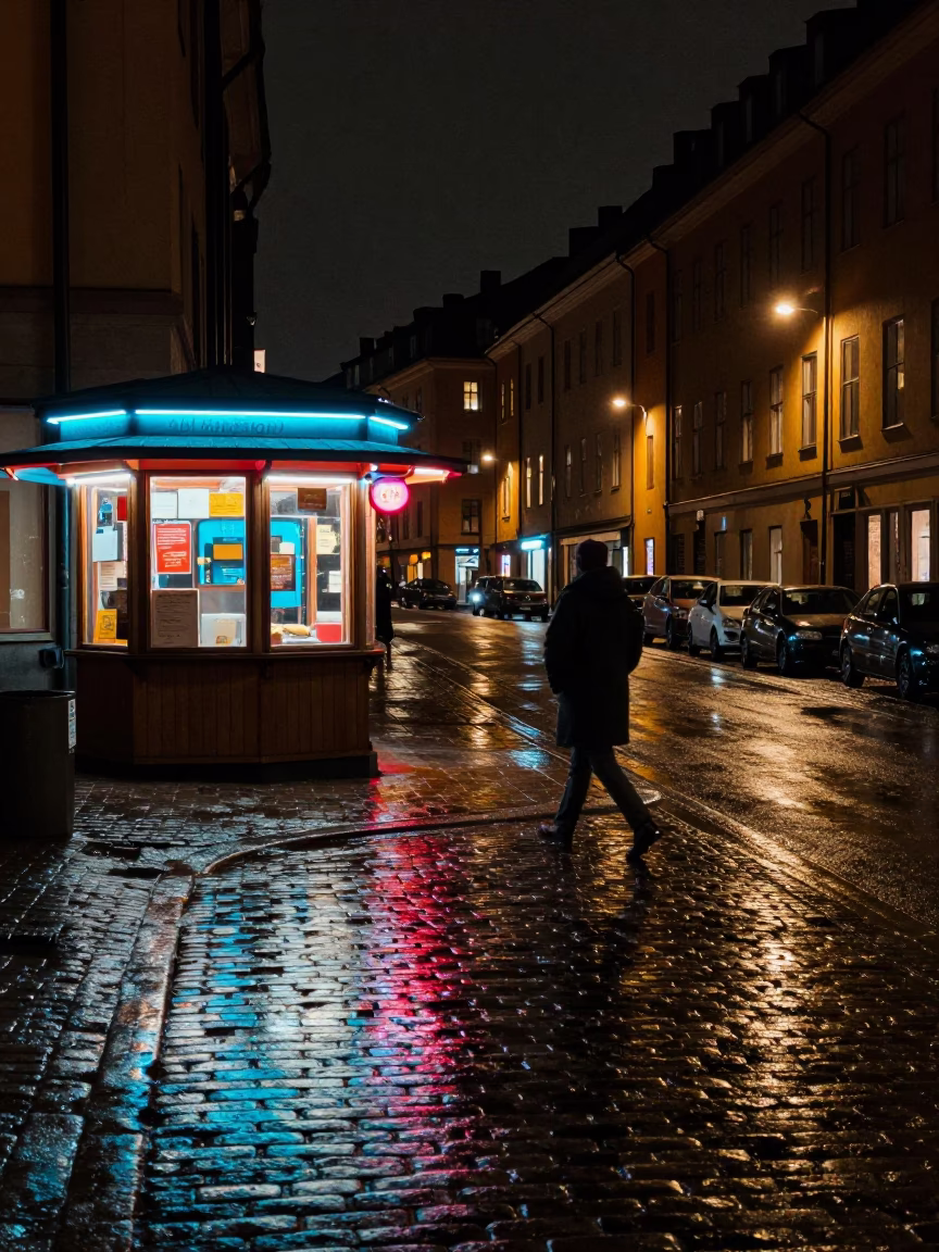 Stockholm Night Street Scene with Neon Reflections and Urban Architecture in in Stockholm, Sweden