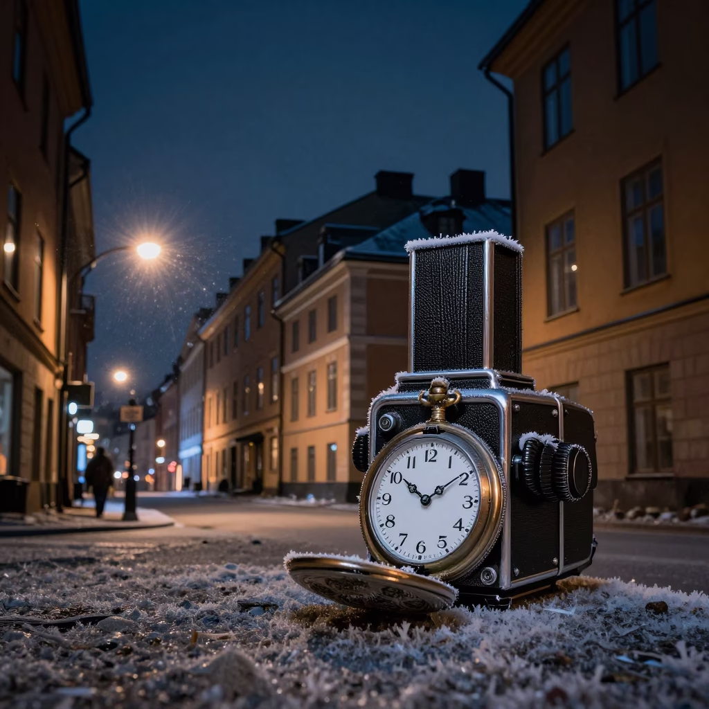 Stockholm Night Street Scene with Pocket Watch and Rime Ice Weather Station in in Stockholm, Sweden