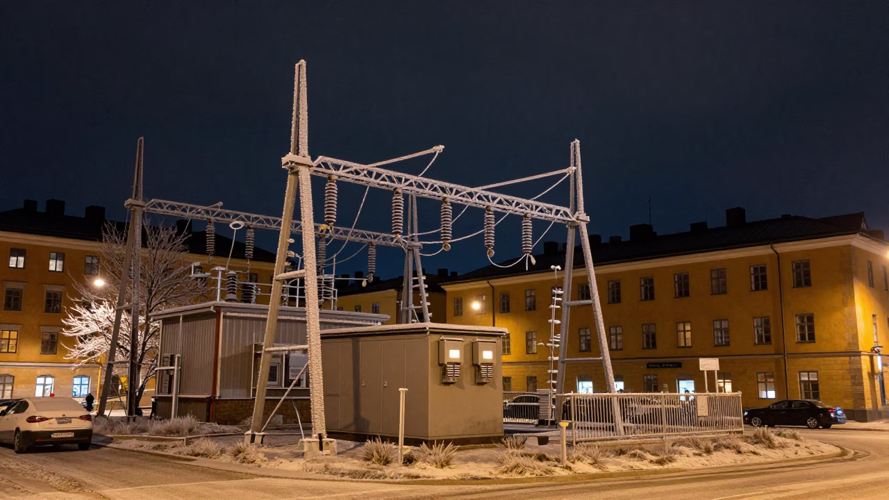 Stockholm Night Street Scene with Transmission Substation in Hoarfrost and Urban Details in in Stockholm, Sweden