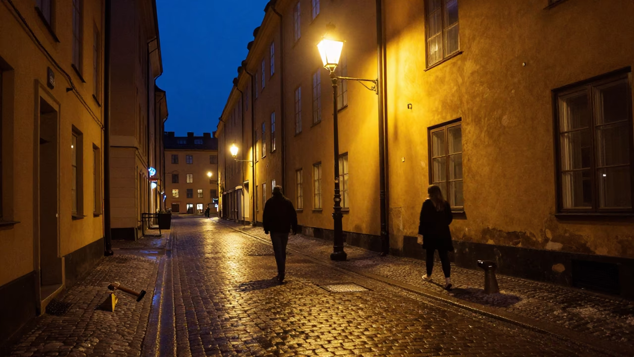 Stockholm Night Street Scene with Vintage Safety Razor and Local Evening Ambiance in in Stockholm, Sweden