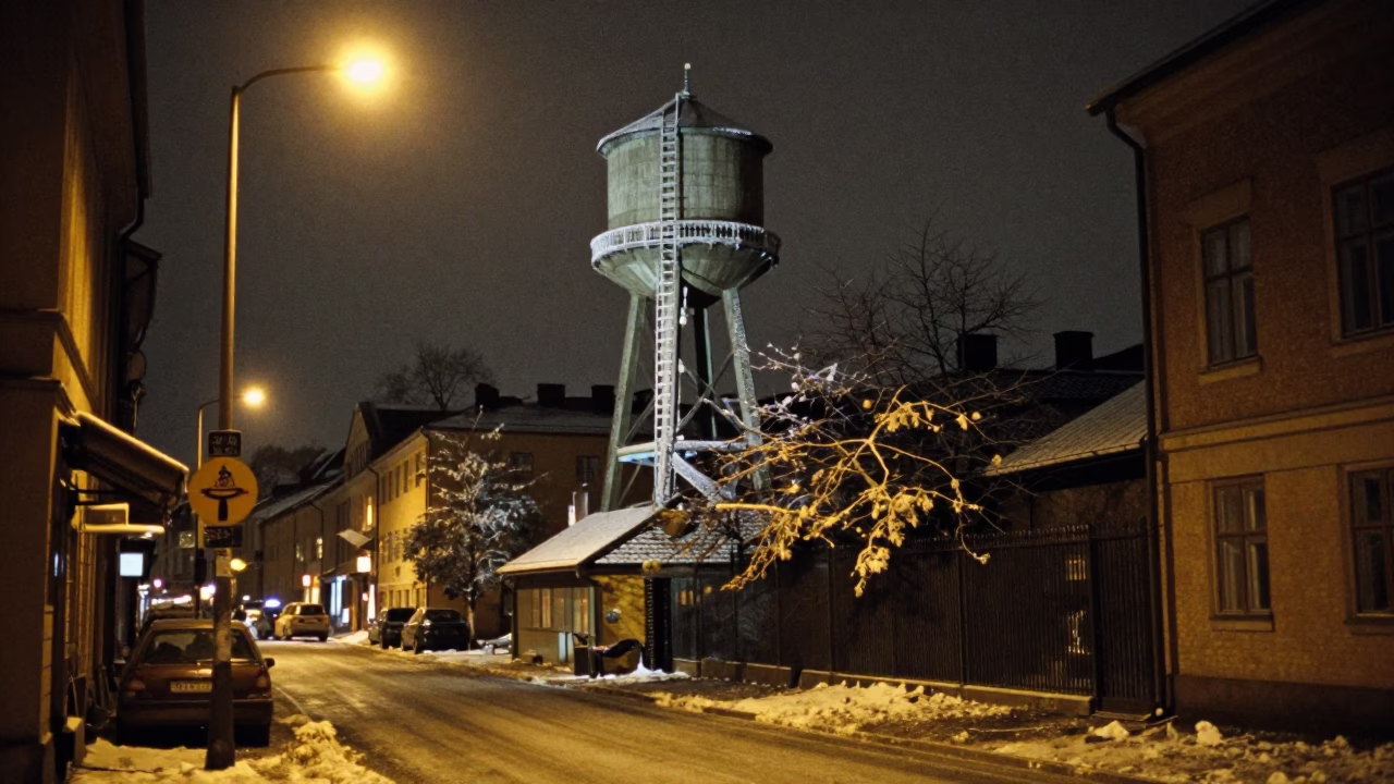 Stockholm Night Street Scene with Water Tower and Local Life in in Stockholm, Sweden