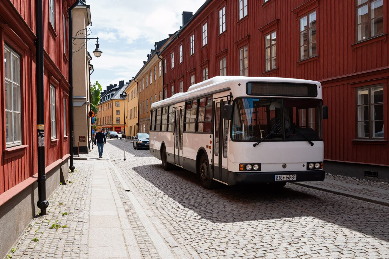 Stockholm Noon Sunlight on Cobblestone Street with Vintage Bus and Pedestrians in in Stockholm, Sweden