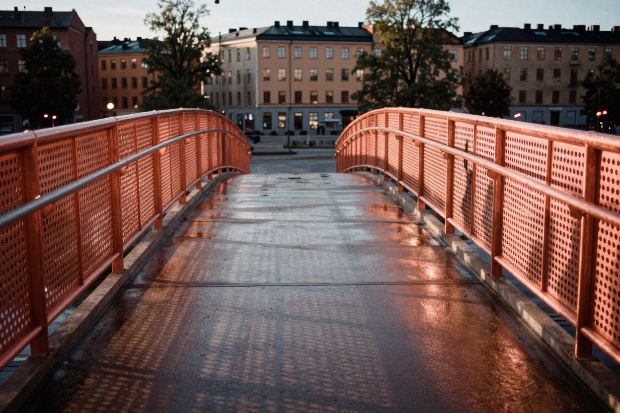 Stockholm Pedestrian Overpass Copper Light Wet Footsteps 1970s Realism in in Stockholm, Sweden