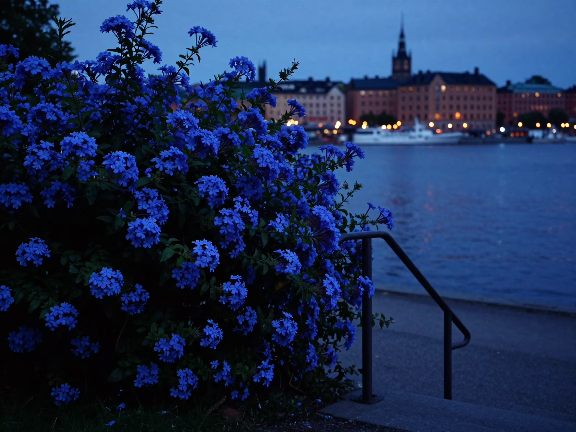 Stockholm Predawn Harbor Scene with Blue Plumbago Hedge and Stair Rail Reflections in in Stockholm, Sweden