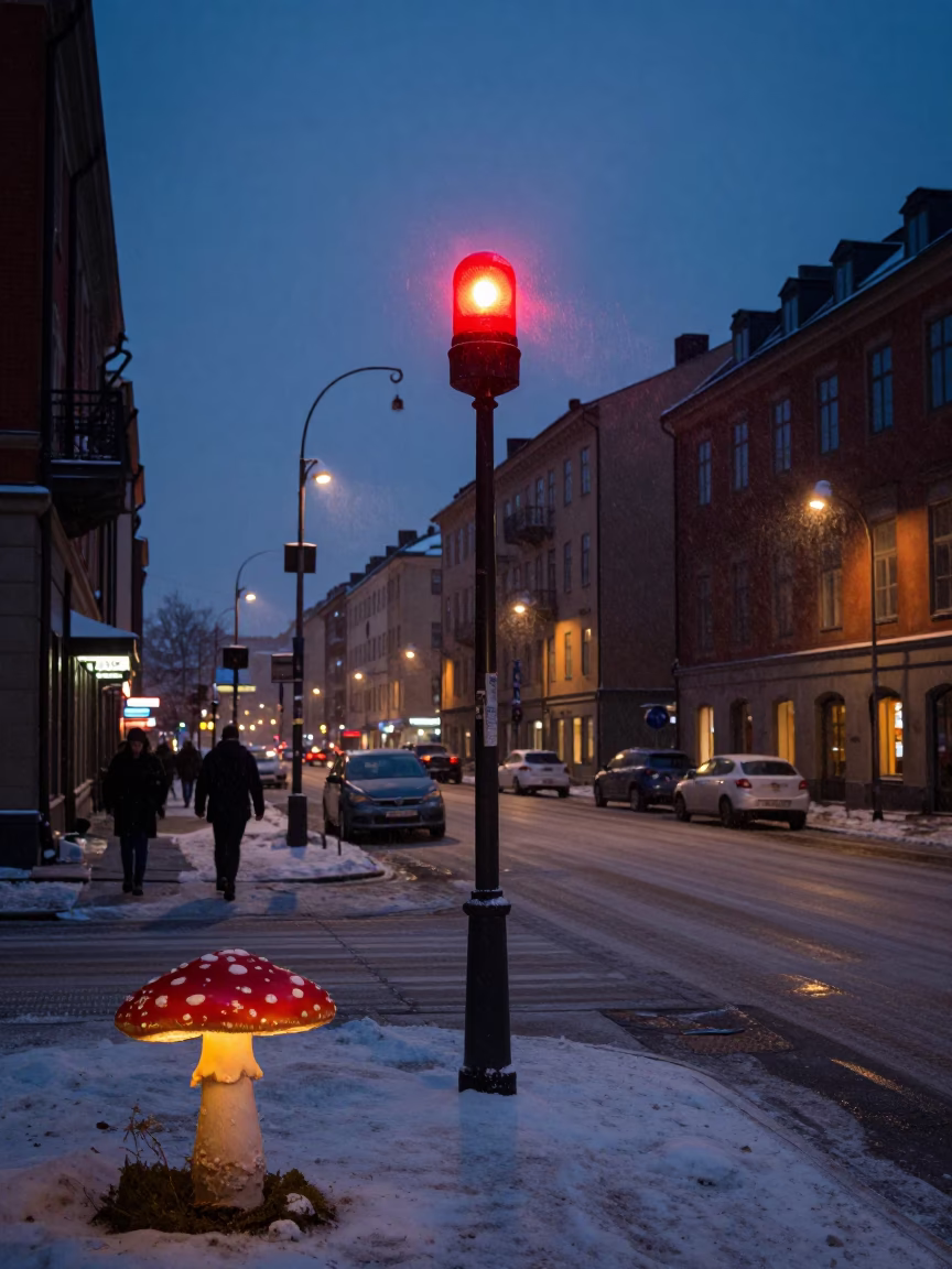 Stockholm Predawn Street Scene with Glowing Mushroom and Red Beacon Light in in Stockholm, Sweden