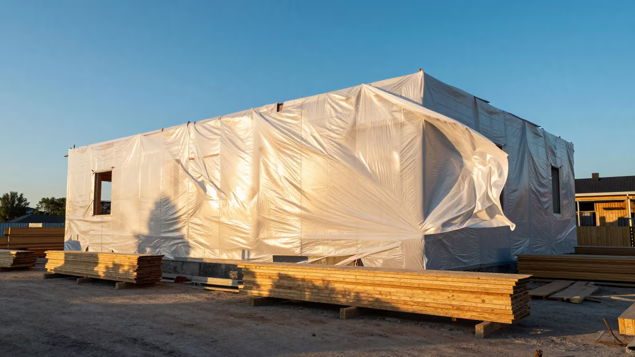 Stockholm Siding Install Sunset Construction Site in beside a framed building shell in Stockholm