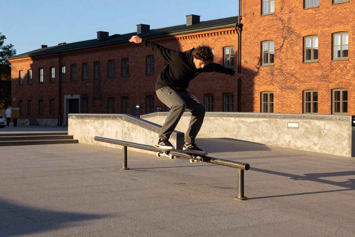 Stockholm Skateboarder Grinding Rail in Late Afternoon Sunlight in in Stockholm, Sweden