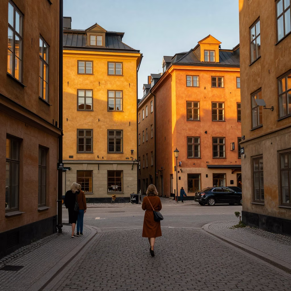 Stockholm Street Life at Honeyed Evening Light in in Stockholm, Sweden