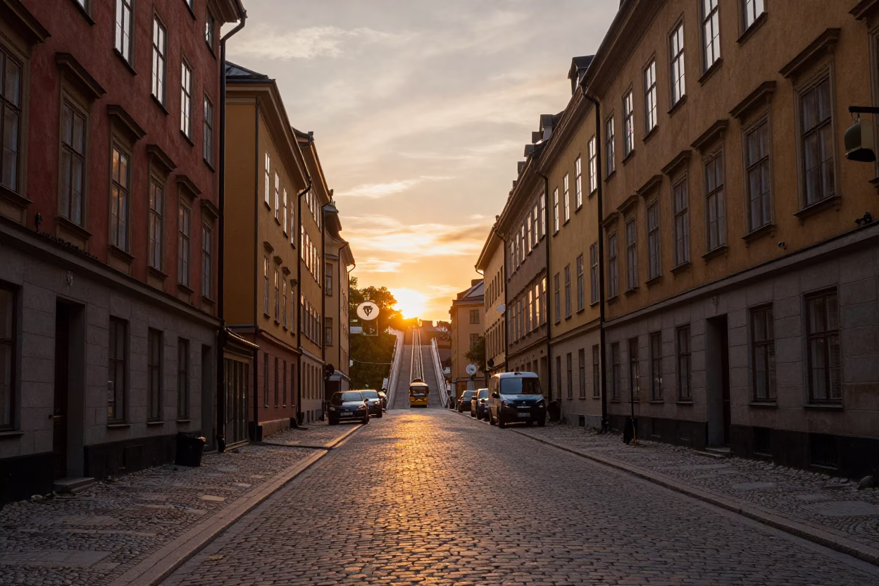Stockholm Street Scene at As The Sun Drops Toward The Horizon in in Stockholm, Sweden